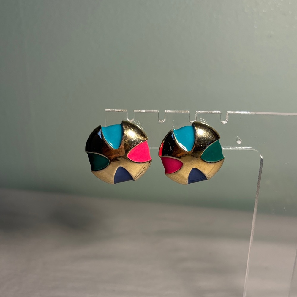 Vintage Gay Boyer Multicolor Enamel Gold-Tone Pierced Earrings